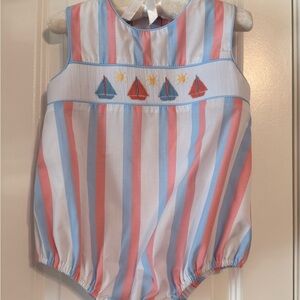 The Beaufort Bonnet Company Striped Sailboat Bodysuit - Blue, Pink, White